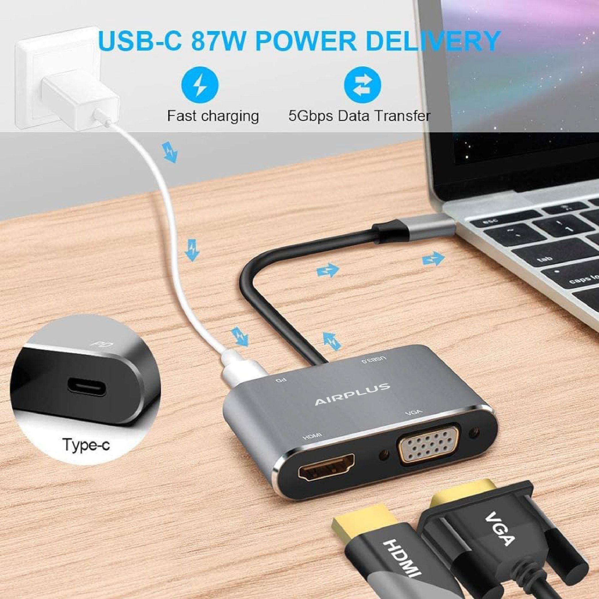 Airplus Adaptateur USB-C multiport 4-en-1 HDMI VGA DP USB 3.0 – Image 6
